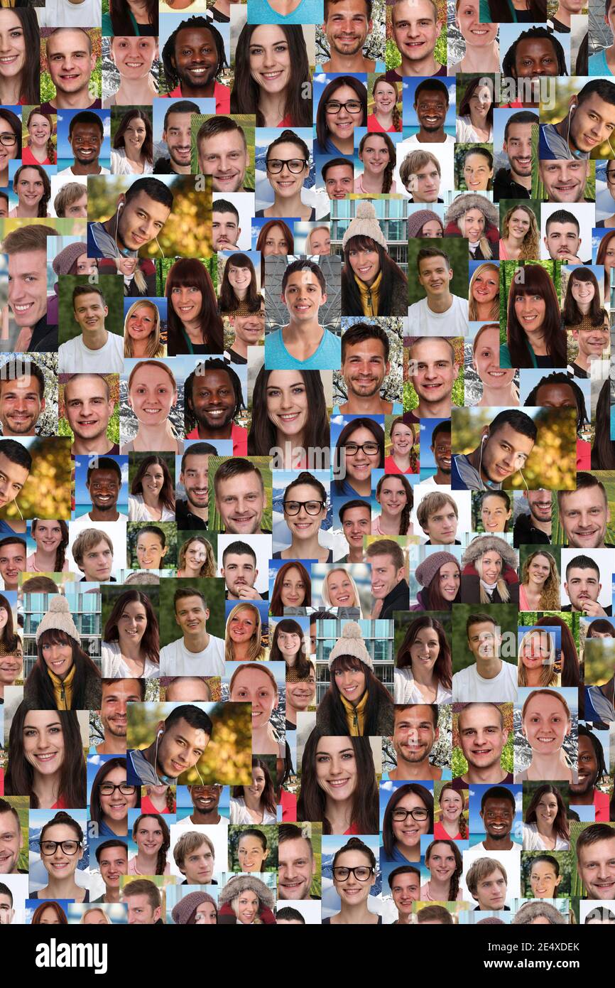 Hintergrund Porträt Format Sammlung Gruppe von jungen Menschen Porträts Gesichter Multikulturelles Social-Media-Netzwerk Stockfoto