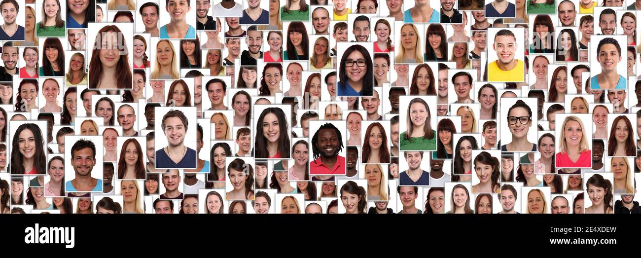 Gruppe von multirassischen jungen lächelnden glücklichen Menschen Hintergrund Panorama-Sammlung Porträts mit verschiedenen Porträts Stockfoto