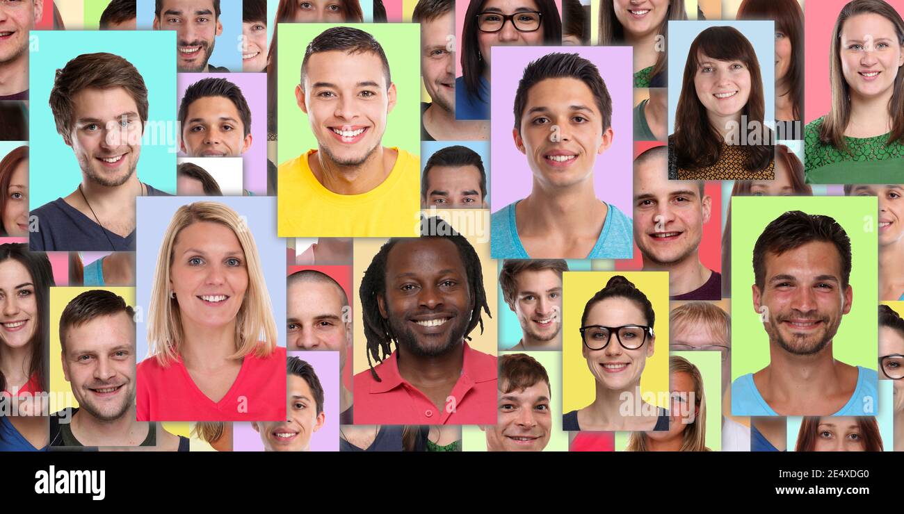 Portrait Sammlung Gruppe von Menschen Porträts Gesichter Hintergrund Banner jung Lächelndes Social-Media-Netzwerk Stockfoto