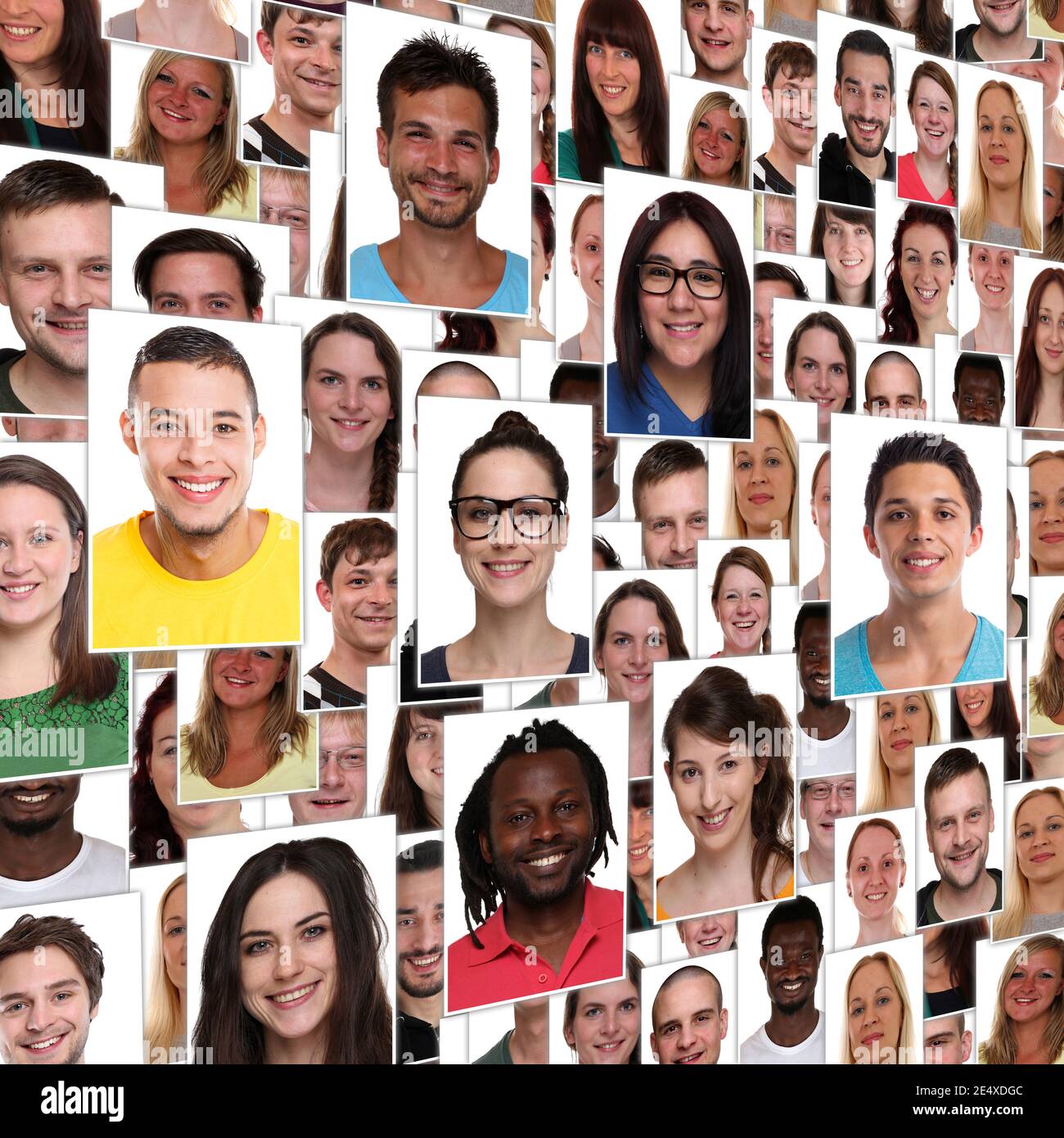Menschen Hintergrund Gruppe von multirassischen jungen lächelnd glückliche Gesichter Quadrat Porträts mit verschiedenen Porträts Stockfoto