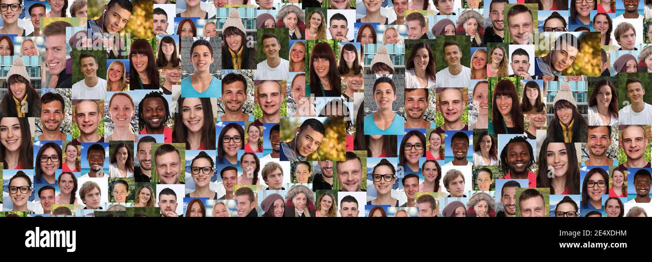 Hintergrund Porträt Sammlung Gruppe von jungen Menschen Porträts Panorama Gesichter Multikulturelles Social-Media-Netzwerk Stockfoto