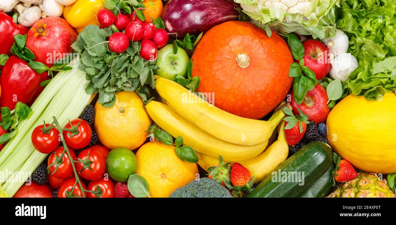 Obst und Gemüse Hintergrund Lebensmittel Sammlung Muster Äpfel Orangen Banner Obst Gemüse Hintergründe Stockfoto