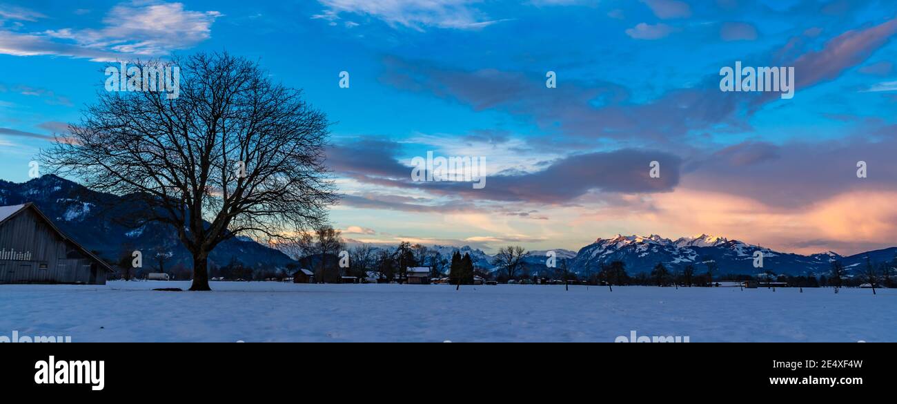 Zartes Morgenrot beim Sonnenaufgang in Dornbirn. sonnenaufgang im Rheintal mit Schweizer Bergen im Hintergrund. Säntis, Alpstein Stockfoto