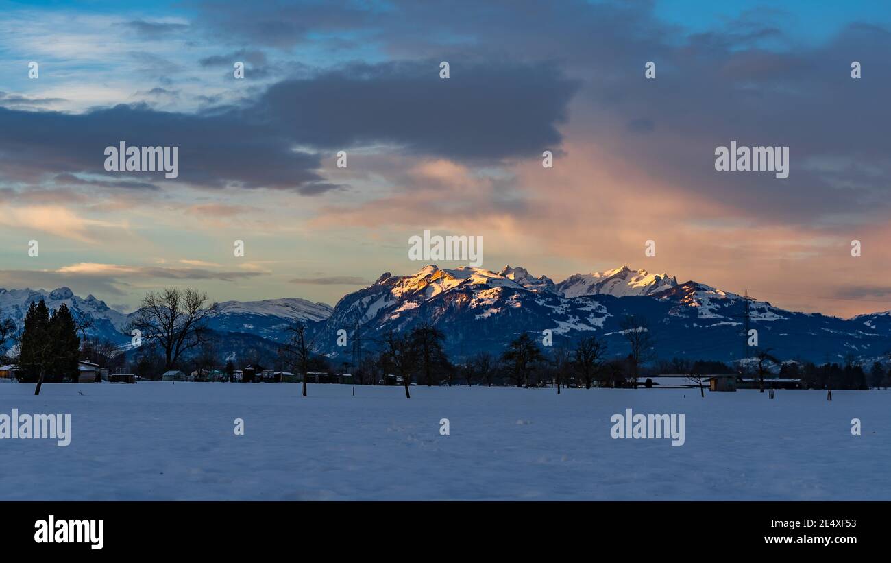 Wunderbarer Sonnenaufgang im Rheintal mit beleuchtetem Säntis. Farbige Wolken bei Sonnenaufgang über dem Rheintal. Verschneite Wiese mit Bäumen, Schweizer Berge. Stockfoto