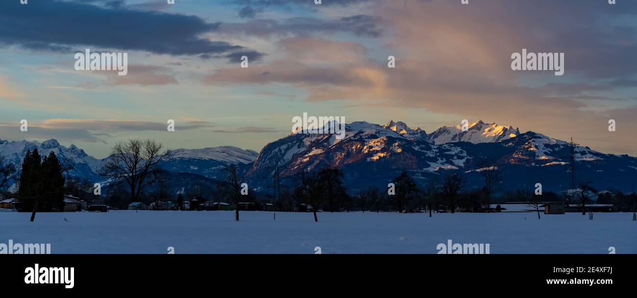 Wunderbarer Sonnenaufgang im Rheintal mit beleuchtetem Säntis. Farbige Wolken bei Sonnenaufgang über dem Rheintal. Verschneite Wiese mit Bäumen, Schweizer Berge. Stockfoto