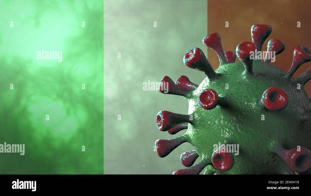 Covid italien Variante, covid-19 Virus mit italienischer grüner Flagge Stockfoto