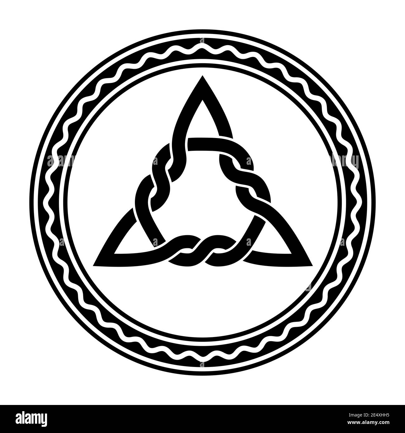 Eingewebter Triquetra, ein keltischer Knoten, in einem Kreisrahmen mit weißer Wellenlinie. Dreieckige Figur, in alten christlichen Ornamentik verwendet. Stockfoto