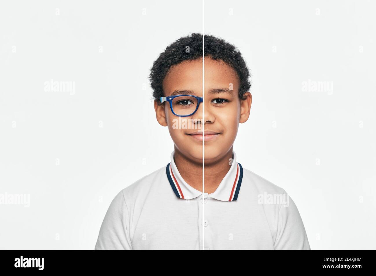 Afroamerikanischer Junge mit Brille und ohne Brille. Wählen Sie Kontaktlinsen oder Brillen für Kinder, Fotocollage in zwei Hälften geschnitten Stockfoto