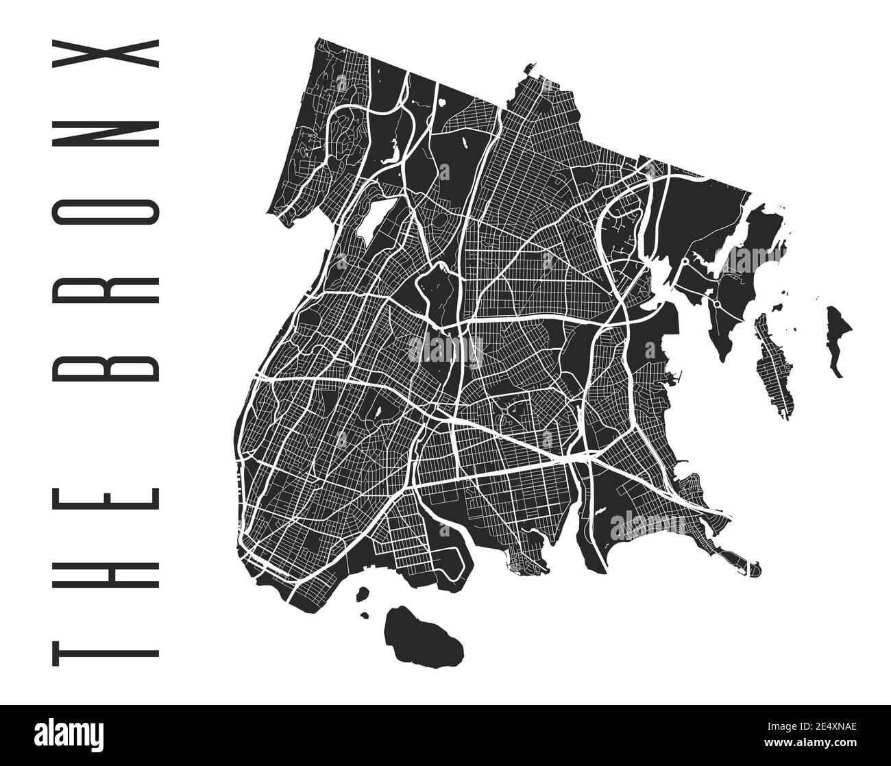 Das Bronx Kartenposter. Stadtplan von New York City Bezirk. Stadtbild ARIA Panorama Silhouette Luftbild, Typografie Stil. Jerome, Woodlawn Cemetery, V Stock Vektor