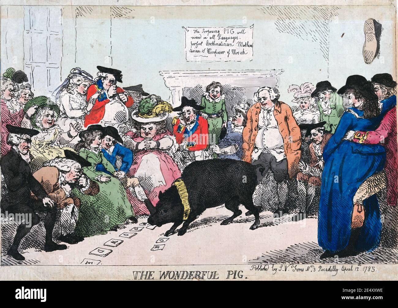 DAS WUNDERBARE SCHWEIN EINE farbige Version von Thomas Rowlandsns Druck von 1785, der das "gelernte Schwein" satirizing, das in Großbritannien und Europa im Jahr 1780s für Furore sorgte. Foto: BIPS Stockfoto