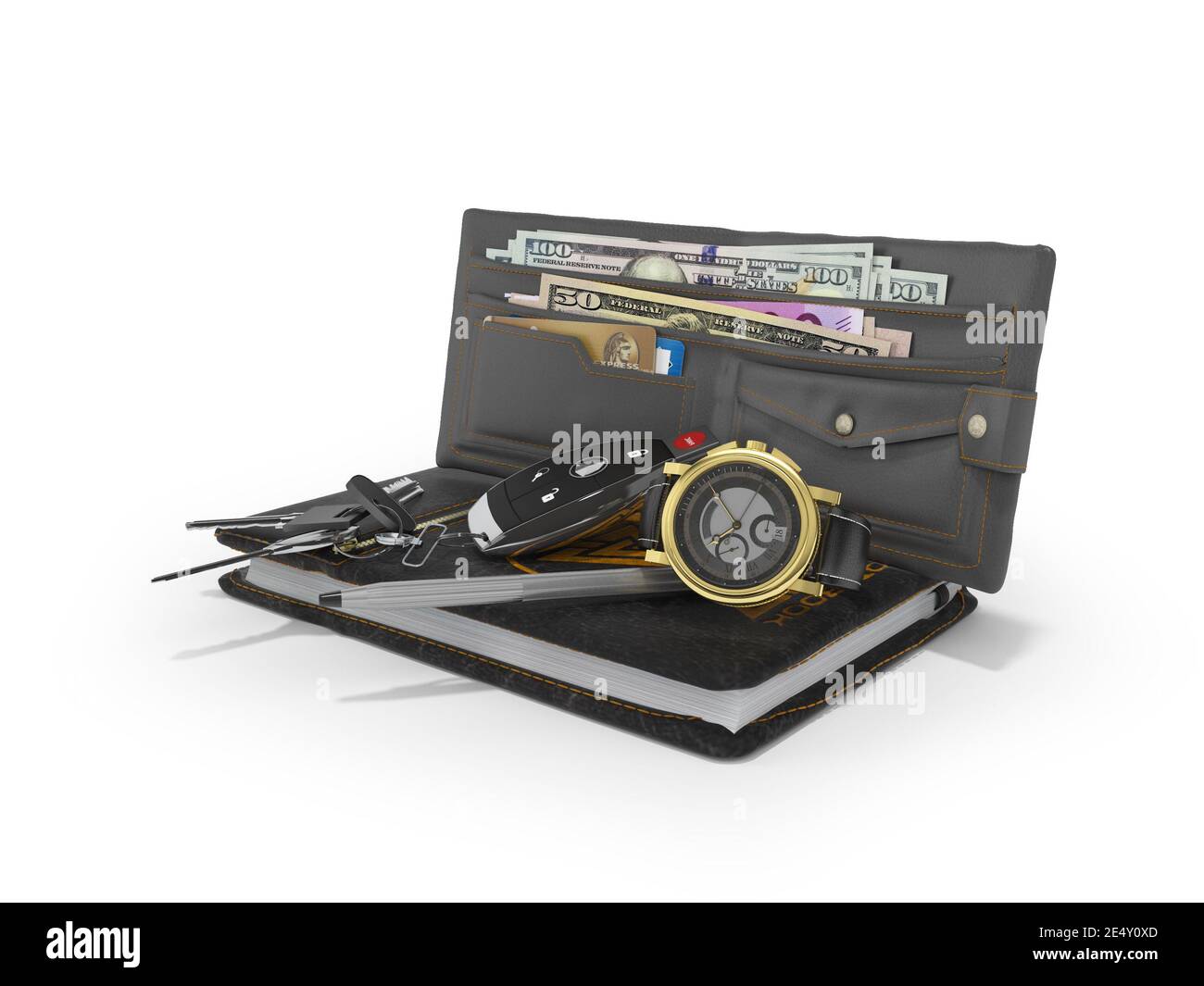 3D-Rendering von Autoschlüsseln mit Gentleman Brieftasche auf weißem Hintergrund mit Schatten Stockfoto
