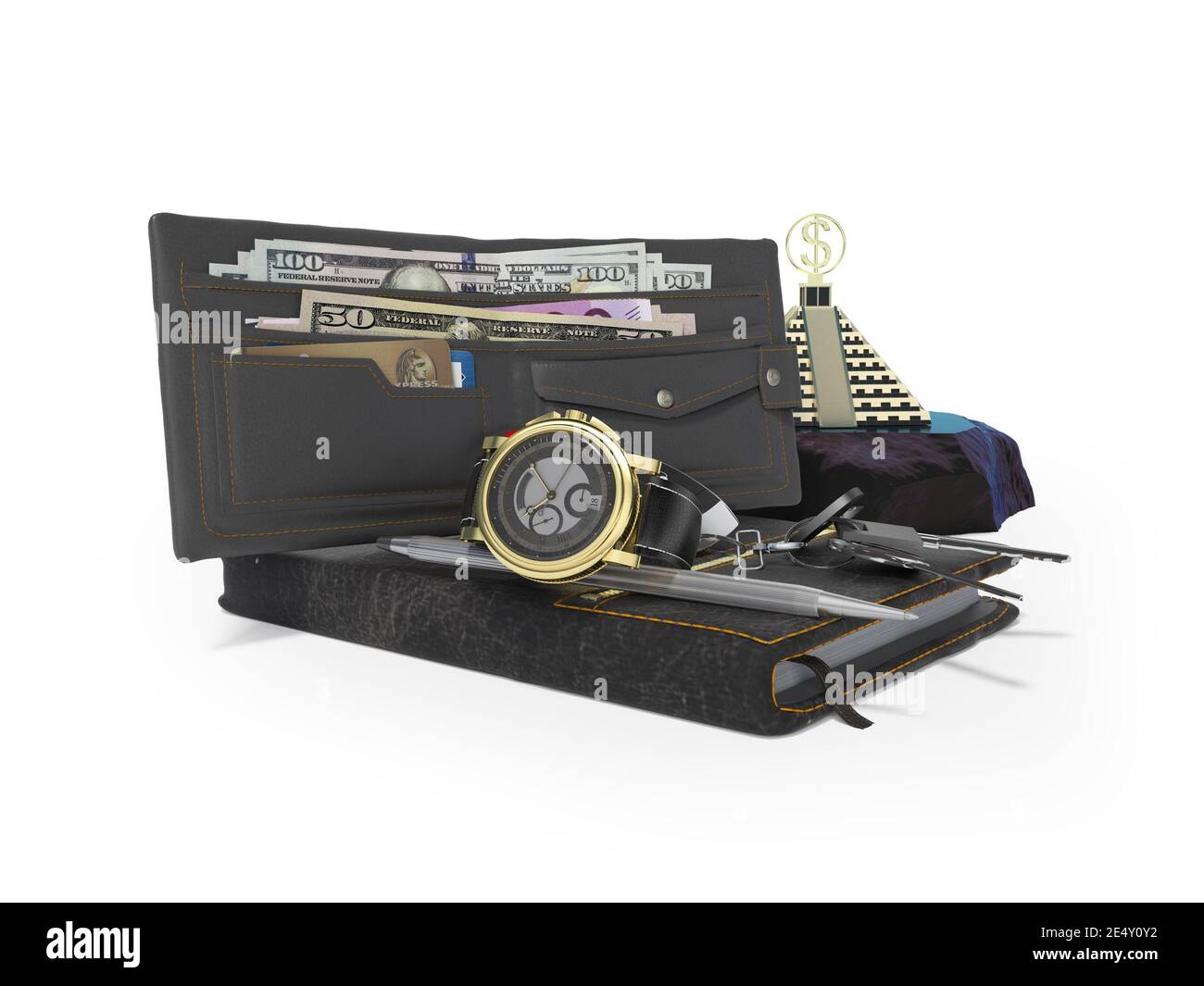 3d Rendering Business-Set von Gentleman Brieftasche Autoschlüssel Uhr Notizblock Geld peramida auf weißem Hintergrund mit Schatten Stockfoto