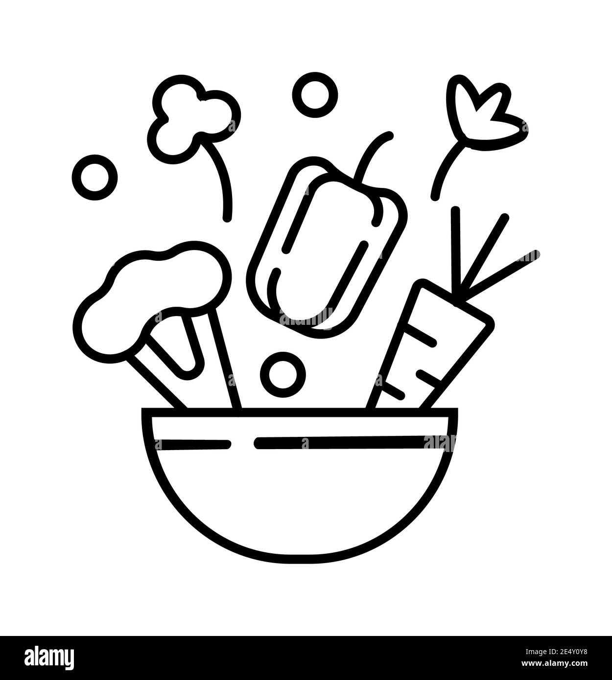Saisonales Menü-Symbol im Outline-Stil. Blumenkohl, Paprika, Karotten, Gemüse fallen in die Schüssel. Petersilie, Sellerie und Erbsen werden dem Gericht hinzugefügt. Veg Stockfoto