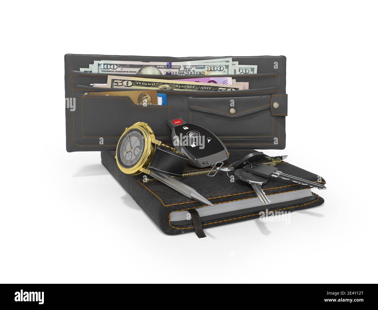 3D Rendering Business Set von Gentleman Brieftasche Autoschlüssel sehen Notizblock auf weißem Hintergrund mit Schatten Stockfoto