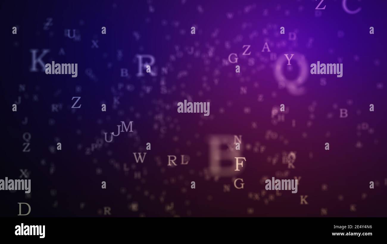 Abstraktes Alphabet Ornament auf dem Hintergrund. Bildung Schreiben Design-Konzept. Zufällige Buchstaben fliegen. 3d-Illustration Stockfoto