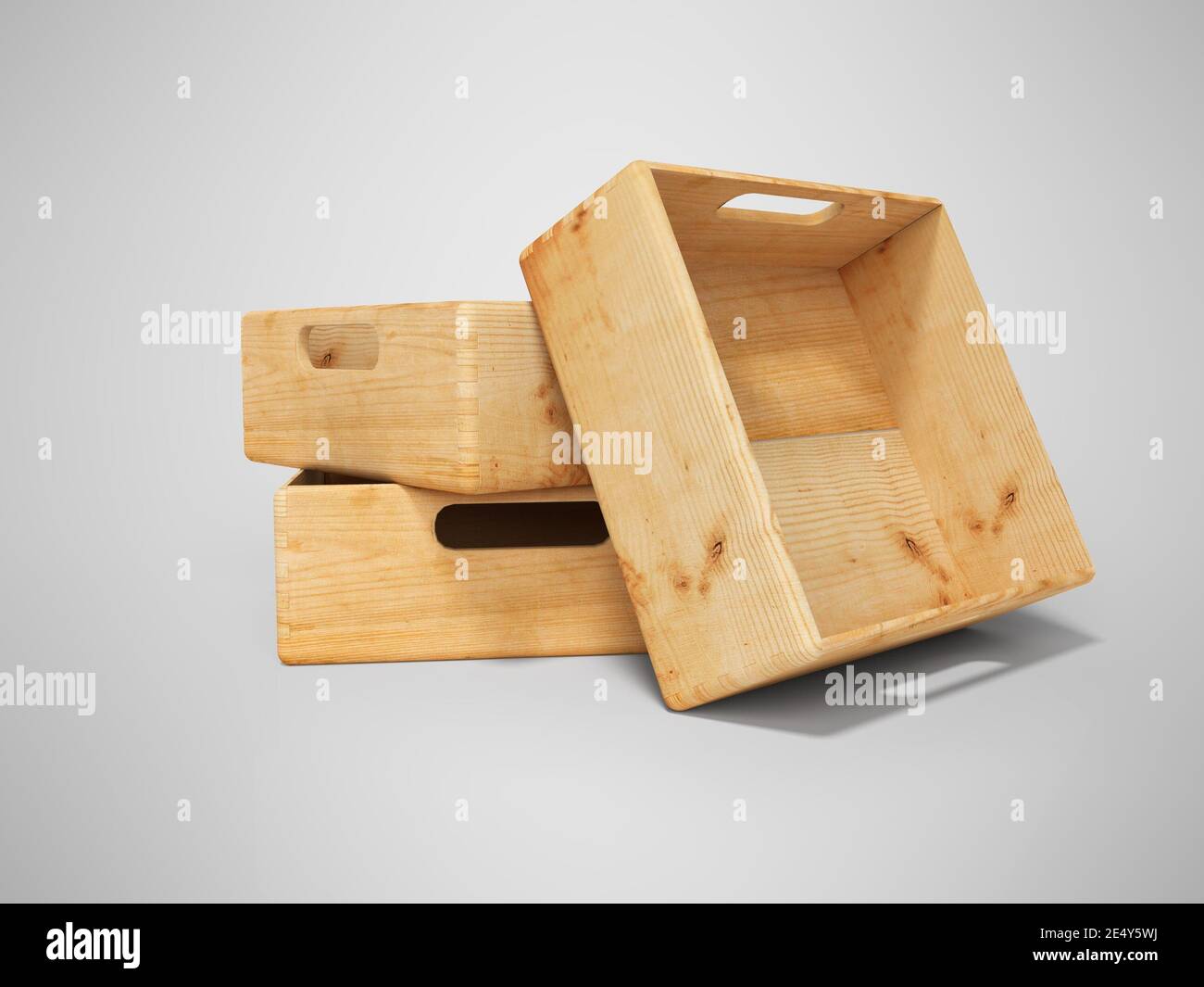 3D-Rendering-Set aus Holzkiste für den Transport von Waren über große Entfernungen isoliert auf grauem Hintergrund mit Schatten Stockfoto