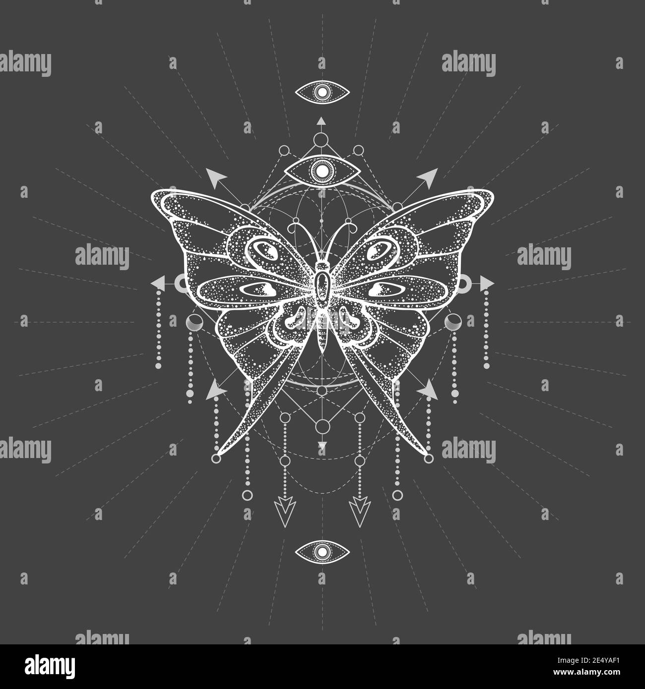 Vektor-Illustration mit handgezeichneten Schmetterling und Heilige geometrische Symbol auf schwarzem Hintergrund. Abstraktes mystisches Zeichen. Weiße lineare Form. Für Sie bestimmt Stock Vektor