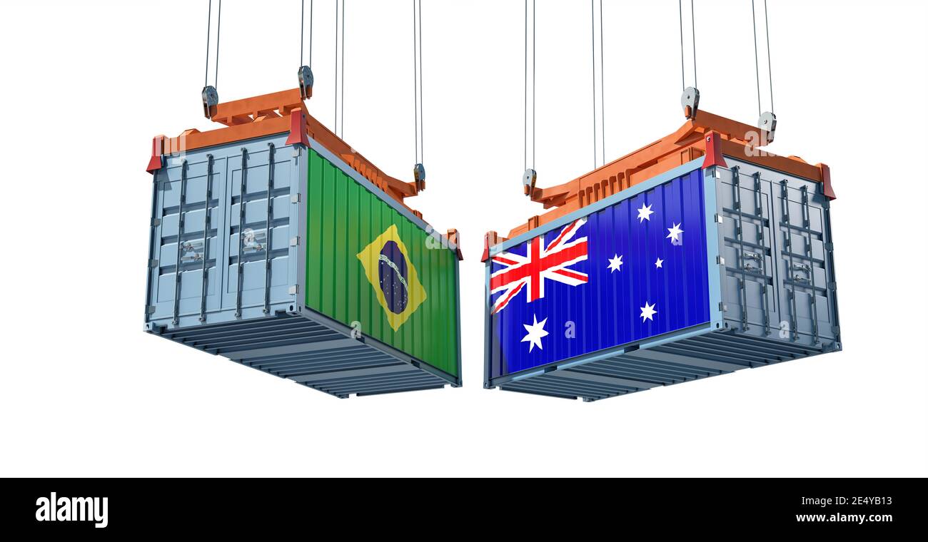 Frachtcontainer mit Brasilien und Australien Flagge. 3D-Rendering Stockfoto