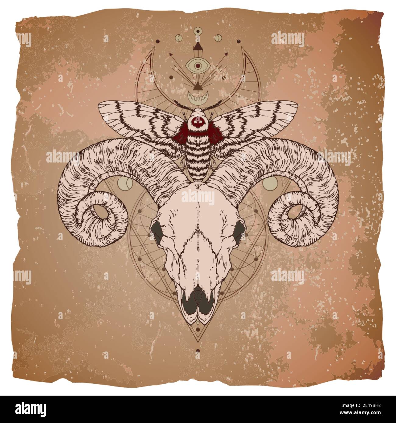 Vektor-Illustration mit handgezeichneten RAM Schädel, Totkopf Motte und Heilige geometrische Symbol auf Vintage-Papier Hintergrund mit abgerissenen Kanten. Abstrakter Mystiker Stock Vektor