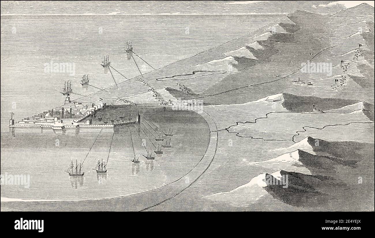 Plan der Belagerung von Akko, 1799, Ägypten–Syrien Kampagne der französischen Revolutionskriege, aus britischen Schlachten auf Land und Meer, von James Grant Stockfoto