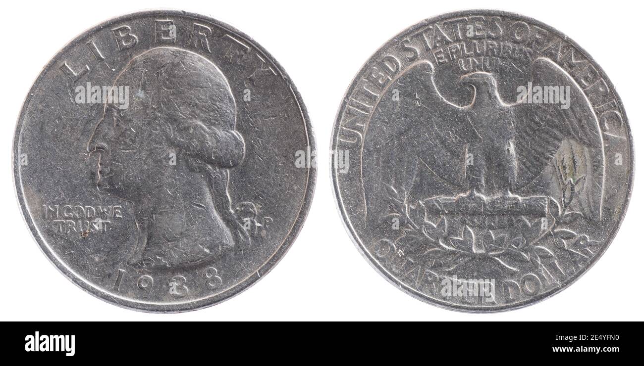 Gebrauchte Quarter Dollar oder 25 Cent Silbermünze, erster Präsident der Vereinigten Staaten George Washington Profil auf der Vorderseite. Auf Gott Vertrauen Wir Stockfoto