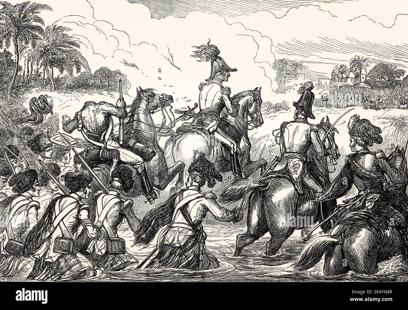 Duke of Wellington Crossing the Kaitna River, Battle of Assaye, 23. September 1803, zweiter Anglo-Maratha-Krieg, aus britischen Schlachten auf Land und Meer von James Grant Stockfoto