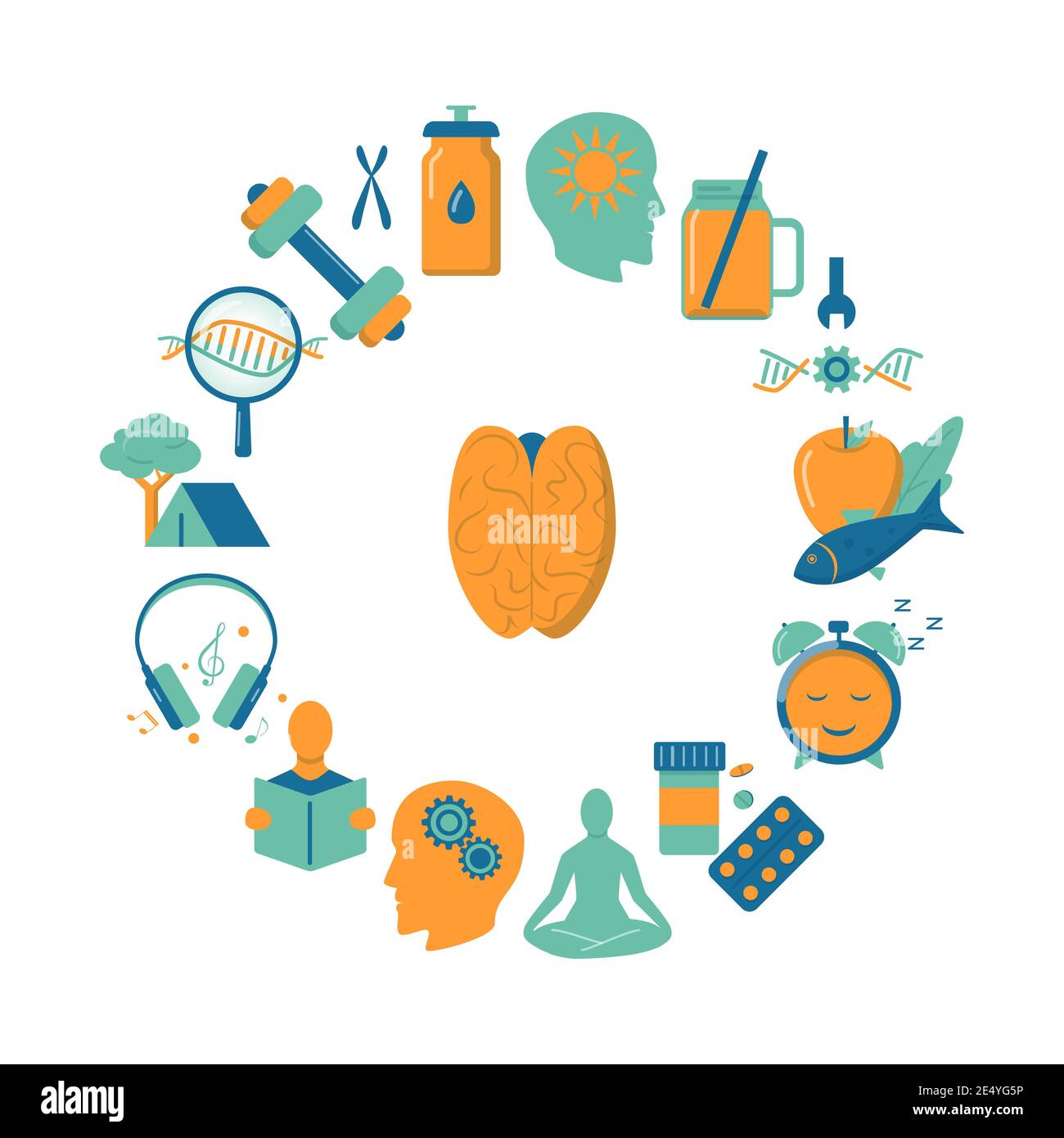 Biohacking runder Concept Banner mit Icons im flachen Stil. Poster zum Thema Gesundheitsverbesserung. Vektorgrafik. Stock Vektor