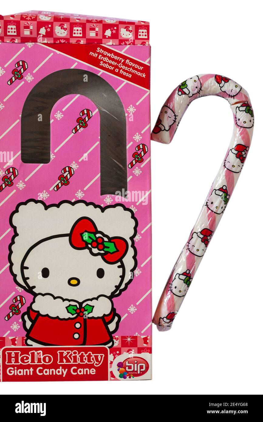Hello Kitty Giant Candy Cane Erdbeere Geschmack aus der Box entfernt Auf weißem Hintergrund eingestellt Stockfoto