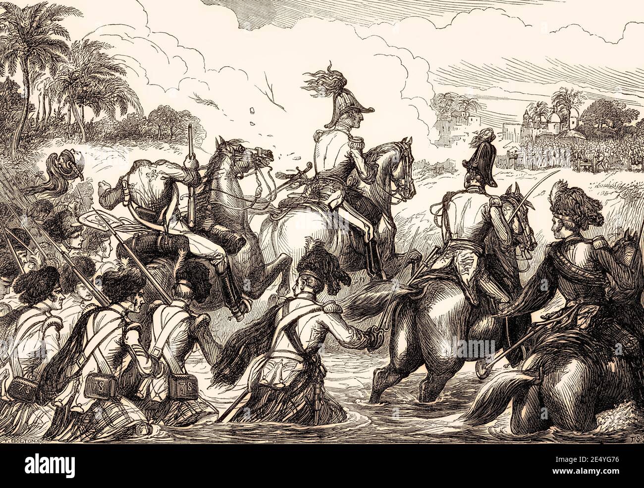 Duke of Wellington Crossing the Kaitna River, Battle of Assaye, 23. September 1803, zweiter Anglo-Maratha-Krieg, aus britischen Schlachten auf Land und Meer von James Grant Stockfoto