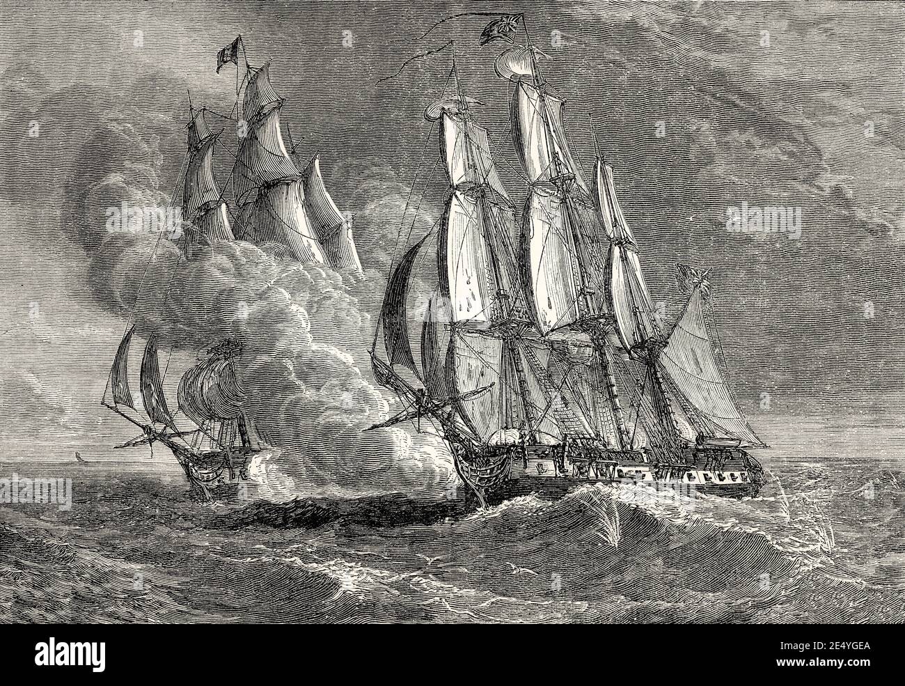 Der Kampf zwischen HMS Phoenix und französischem Schiff Didon, 10. August 1805, Napoleonische Kriege, von britischen Schlachten auf Land und Meer von James Grant Stockfoto