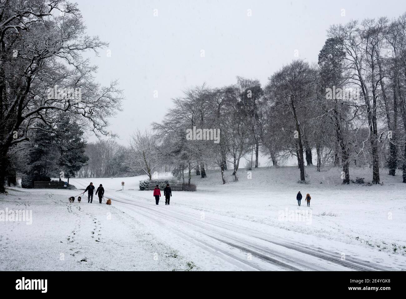 Menschen, die während der pandemischen Sperre bei verschneitem Wetter spazieren, Warwickshire, Großbritannien. Januar 2021. Stockfoto