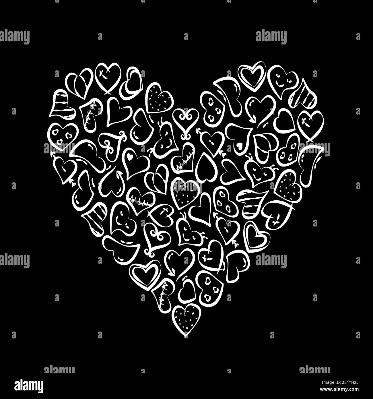 Vektor weiße Herzen Set valentinstag und Hochzeiten Ikonen. doodle in Form Herz auf schwarz Stockfoto