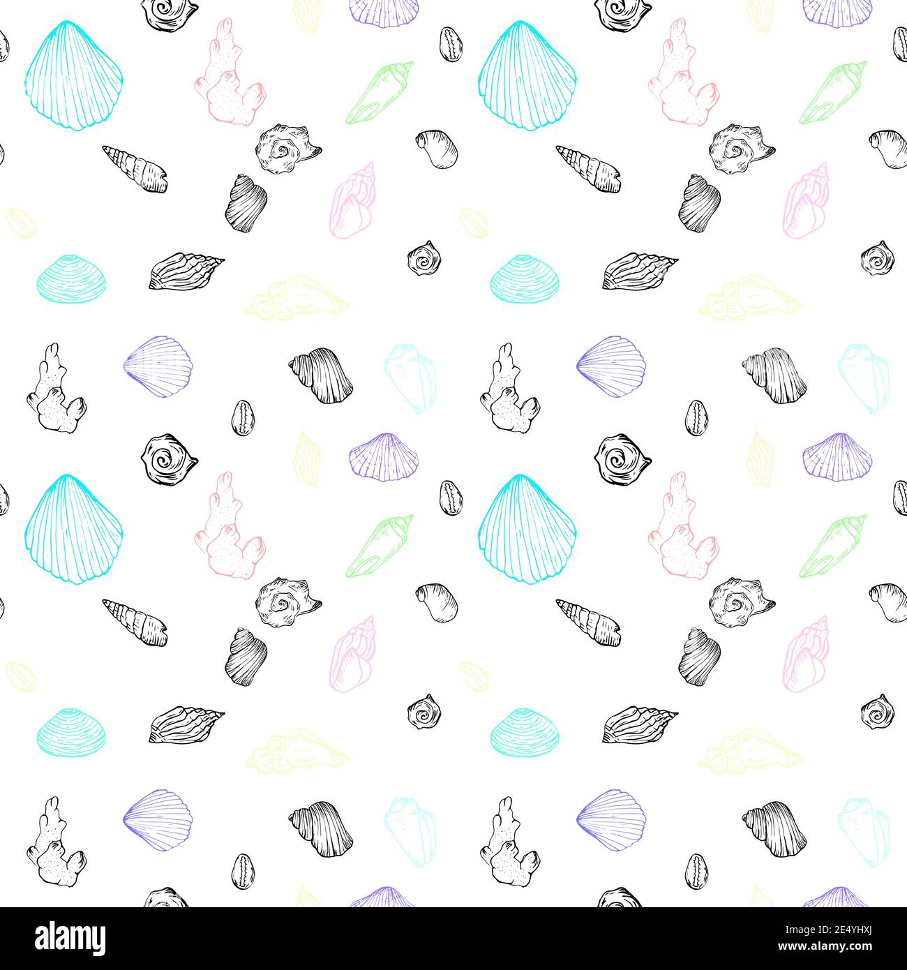Nahtloses Muster auf dem Thema Marine. Hintergrund mit Muscheln in verschiedenen Größen und Farben. Stock Vektor