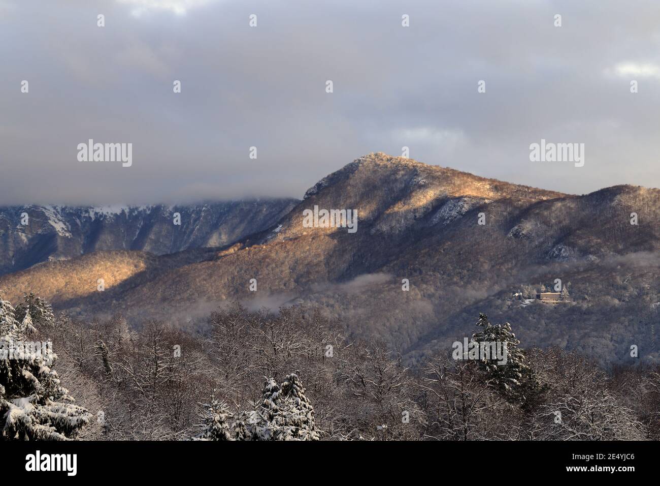 Blick auf Monte Generoso, Italienische Schweiz, nach einem kürzlichen Schneefall Stockfoto