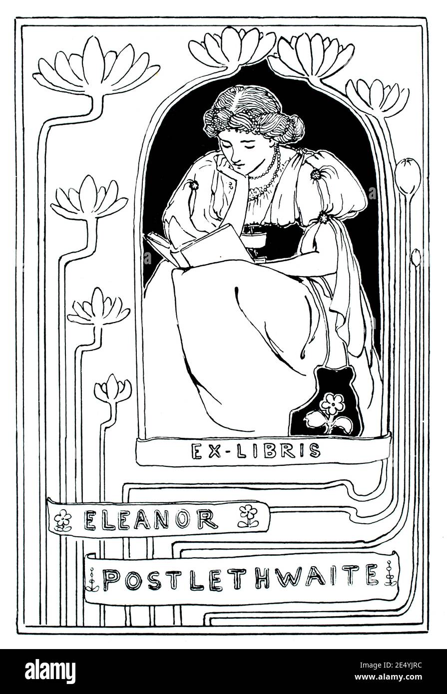 Frauenlesung, Exlibris für Eleanor Postlethwaite Linienillustration von Marion Wallace-Dunlop von Ealing, 1897 The Studio an Illustrated Magazine of Stockfoto