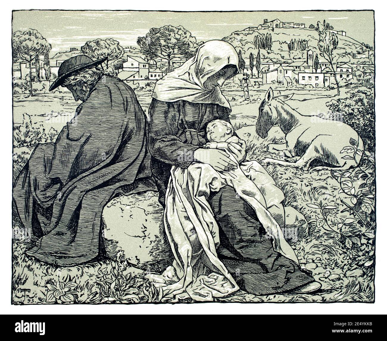 Ruhe während der Flucht nach Ägypten, Lithograph des deutschen Künstlers Hans Thoma, 1897 das Studio an Illustrated Magazine of Fine and Applied Art Stockfoto
