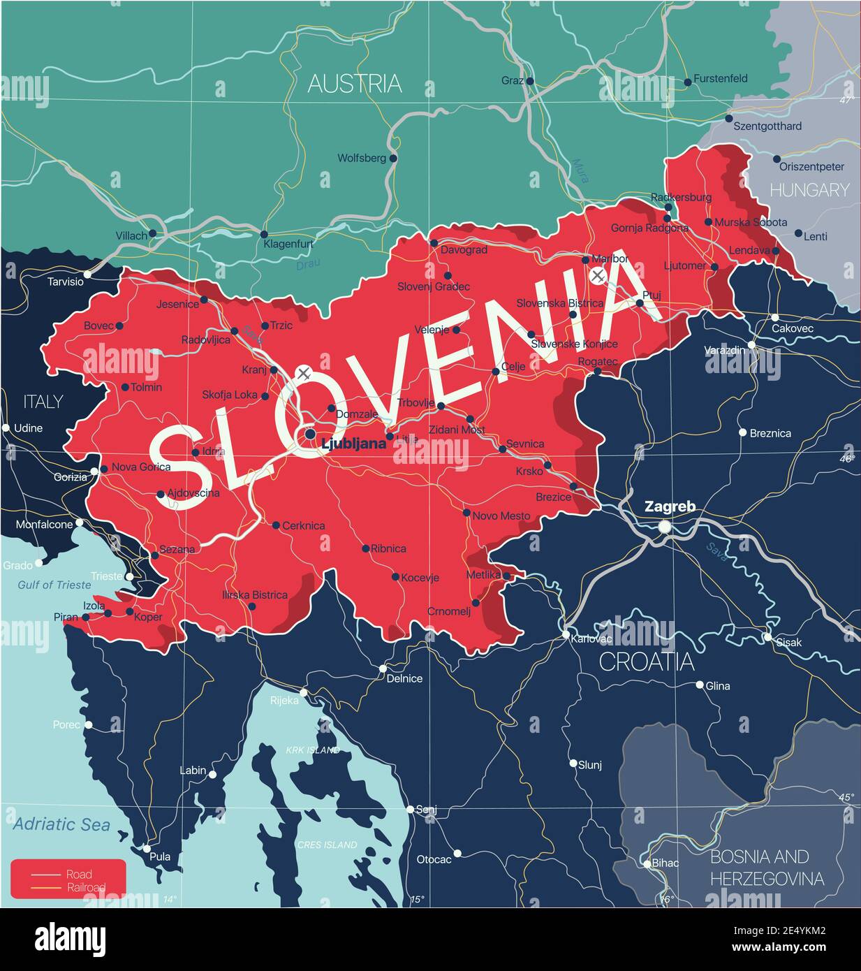 Slowenien Land detaillierte editierbare Karte mit Regionen Städte und Städte, Straßen und Eisenbahnen, geografische Standorte. Vector EPS-10-Datei Stock Vektor