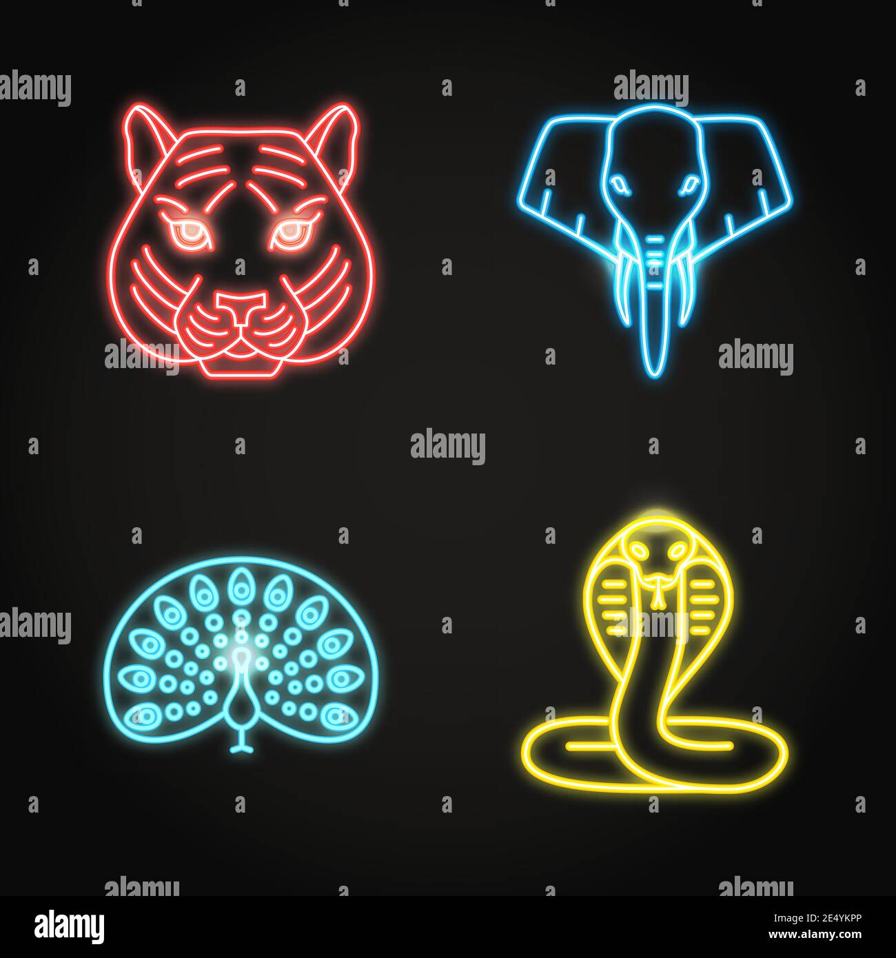 Indische Ikonen im leuchtenden Neon-Stil. Heilige Tiere Symbole einschließlich Tiger, Kobra Schlange, Elefant und Pfau. Vektorgrafik. Stock Vektor