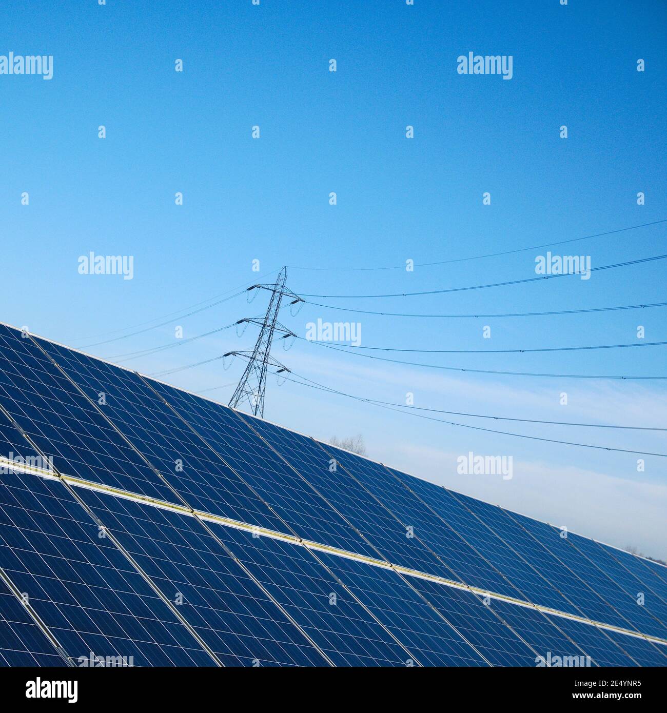 Solarpark Photovoltaik-Paneele erzeugen nachhaltige Energie mit Stromverteilernetz pylon im Hintergrund. Stockfoto