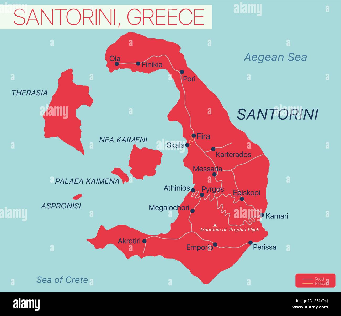 Santorini Insel Detaillierte editierbare Karte mit Regionen Städte und Städte, Straßen und Eisenbahnen, geografische Standorte. Vector EPS-10-Datei Stock Vektor