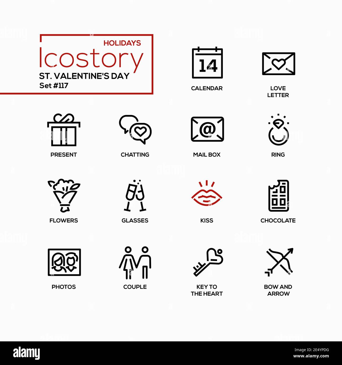 St. Valentine Day - Linie Design Stil Ikonen gesetzt. Urlaubssymbole. Liebesbrief, Geschenk, Chat, Briefkasten, Ring, Blumen, Gläser, Kuss, Schokolade, p Stock Vektor