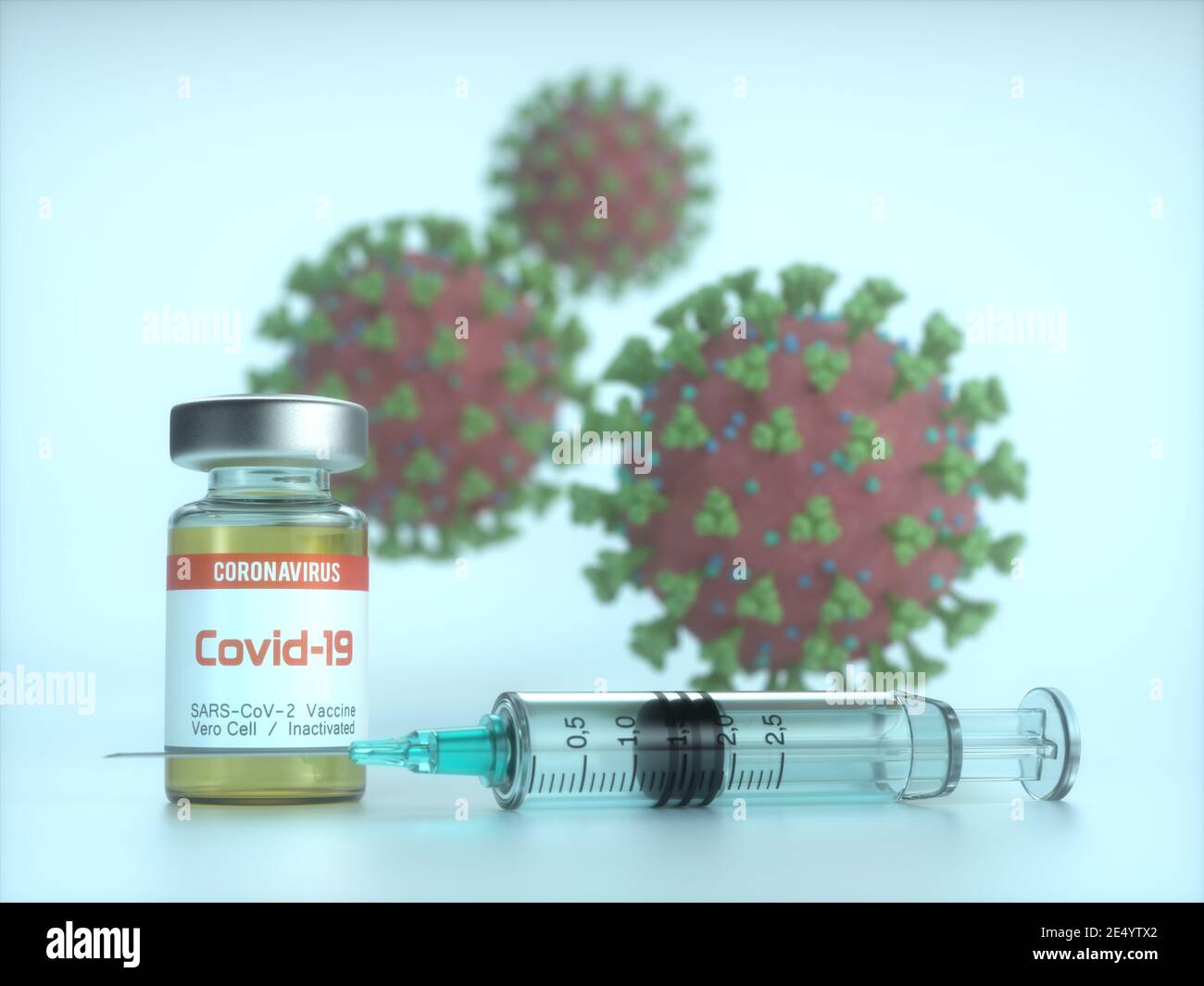 Konzeptionelles Bild für die Entdeckung eines Impfstoffs für die Covid-19, Coronavirus, 2019-nCoV, SARS-COV-2. 3D-Abbildung. Stockfoto