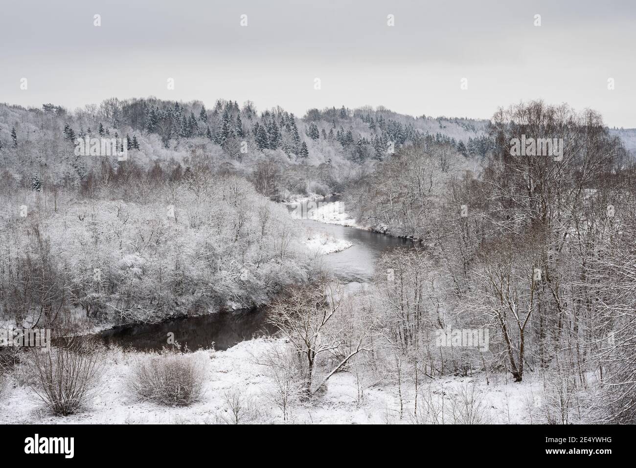 Wunderbarer Morgen schöne Winterlandschaft am Fluss Dubysa. Stockfoto