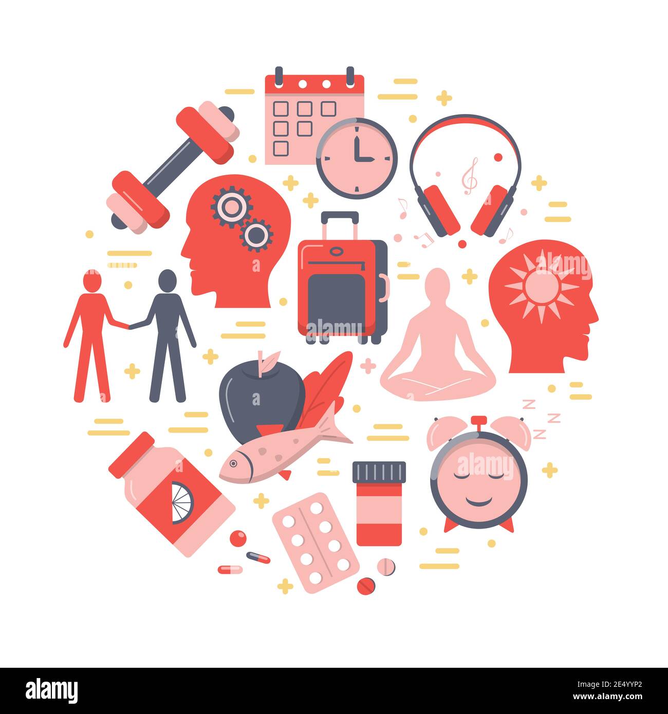 Depression Behandlung rundes Konzept in flachem Stil isoliert auf weiß. Vektor-Banner oder Poster-Vorlage mit psychischen Gesundheit Symbole gesetzt. Stock Vektor