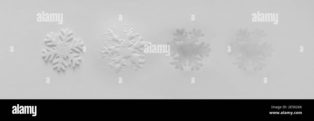 Globale Erwärmung und Umweltveränderungen, die durch schmelzende Schneeflocke und verblassende nasse Drucke gezeigt werden. Konzept gegen Verschmutzung und Klimawandel. Stockfoto