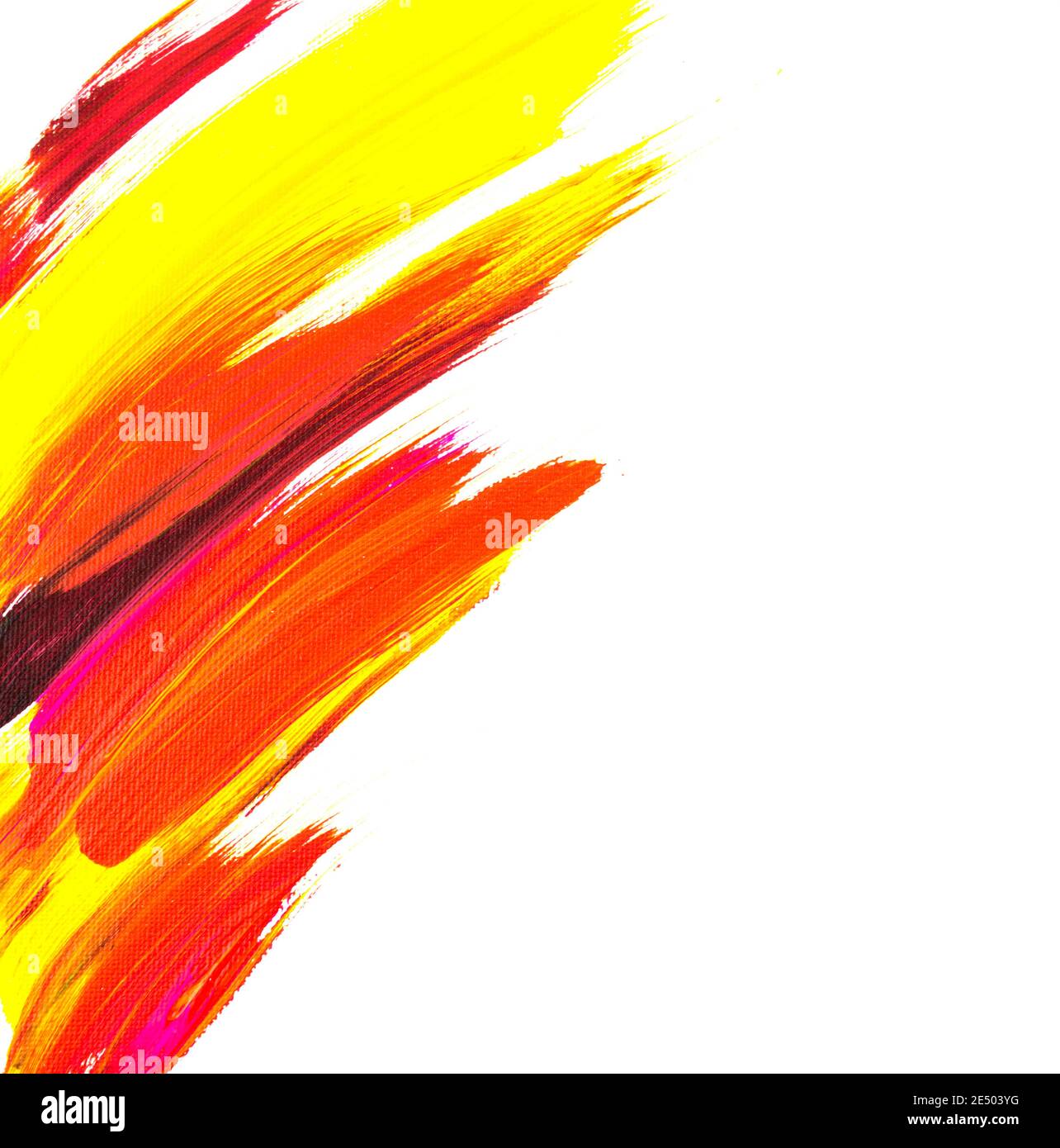 Acryl-Pinselstriche von lebendigen gelben, roten, violetten Farben. Abstrakter Hintergrund. Malerei auf Leinwand. Handgefertigt, handgezeichnet. Bildende Kunst, Kunstwerk. Modern. Stockfoto