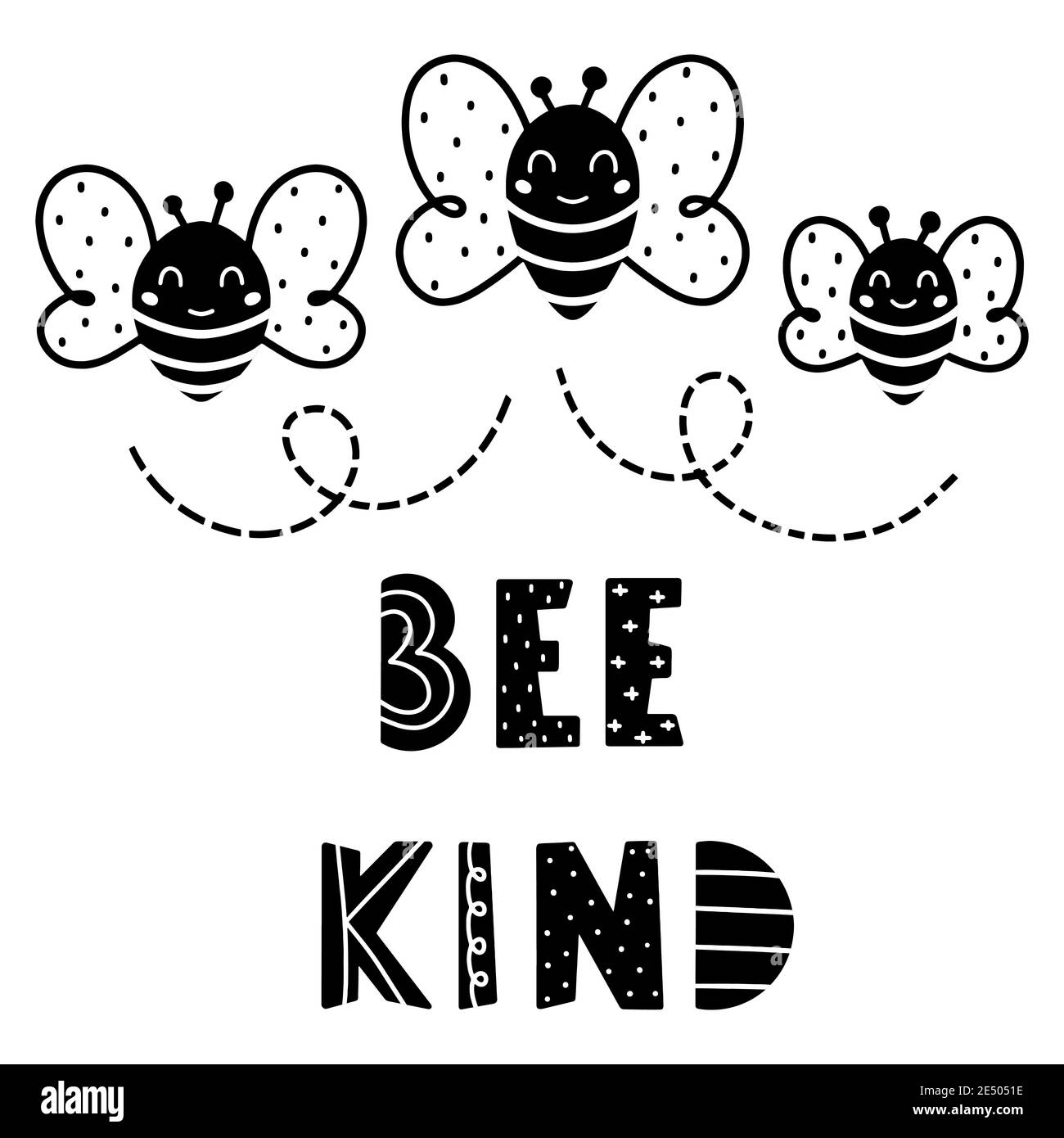 Bee Kind lustige Zitat Hand gezeichnet Schriftzug im skandinavischen Stil mit drei niedlichen fliegenden Bienen isoliert auf weißem Hintergrund. Kindlicher Aufdruck für T-Shirt, Stock Vektor
