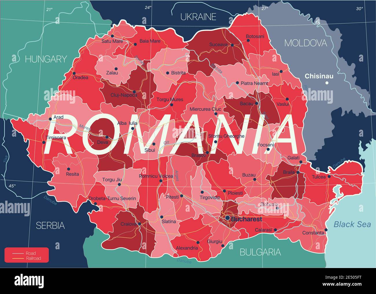 Rumänien Land detaillierte editierbare Karte mit Regionen Städte und Städte, Straßen und Eisenbahnen, geografische Standorte. Vector EPS-10-Datei Stock Vektor