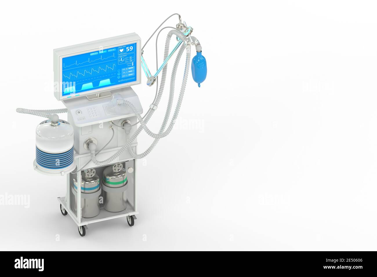 Medizinische 3D-Illustration, ICU künstliche Lungenventilator mit fiktiven Design isometrische Ansicht isoliert auf weiß - Stop Coronavirus Konzept Stockfoto