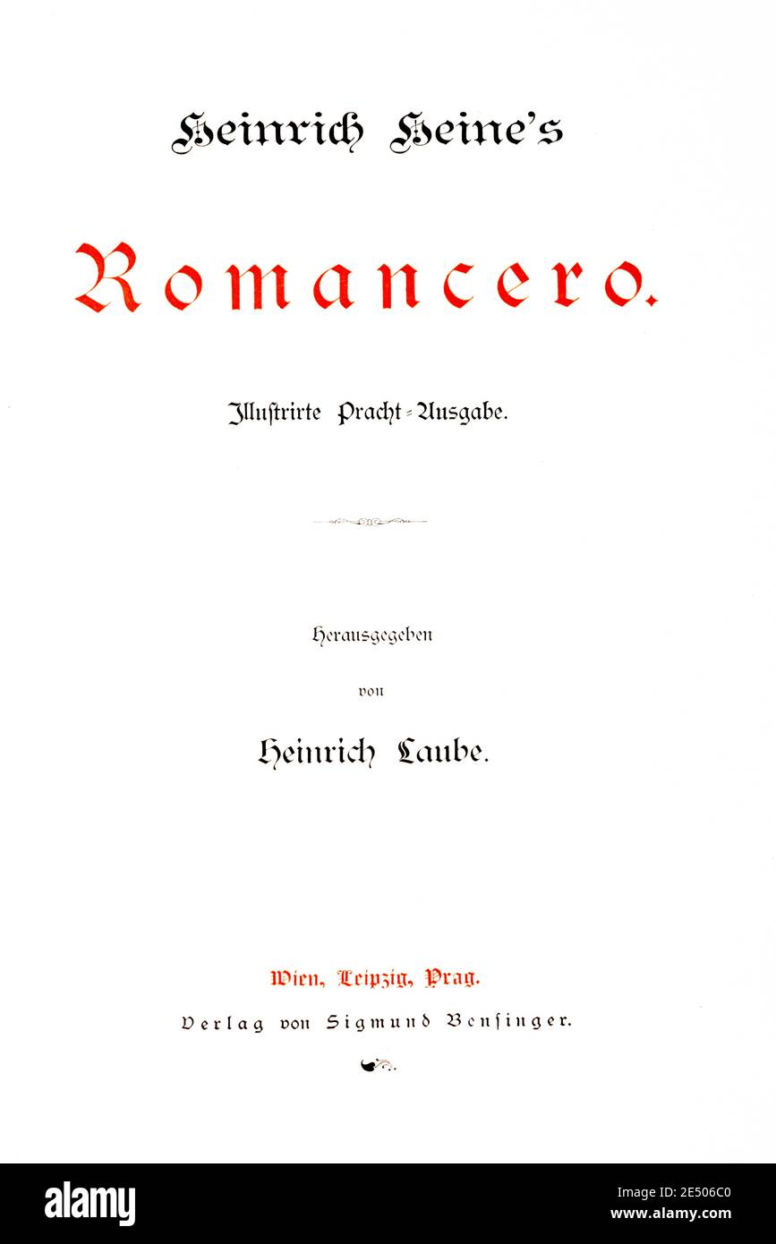 Titelblatt zu Heine´s Romancero, deutscher Schriftsteller und Dichter Heinrich Heine, Gedichtsammlung Romancero, 1880 Stockfoto